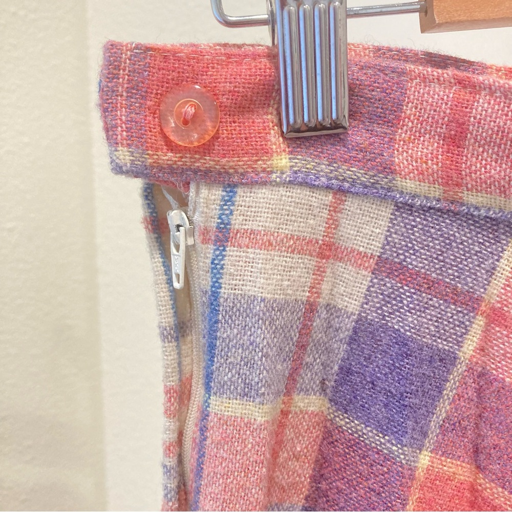 Vintage pleated skirt pink purple blue cream plaid wool midi skirt - Picture 3 of 12
